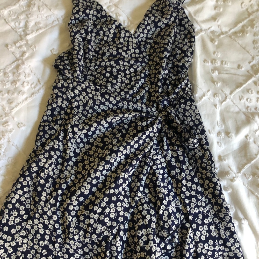 blue and white floral wrap dress